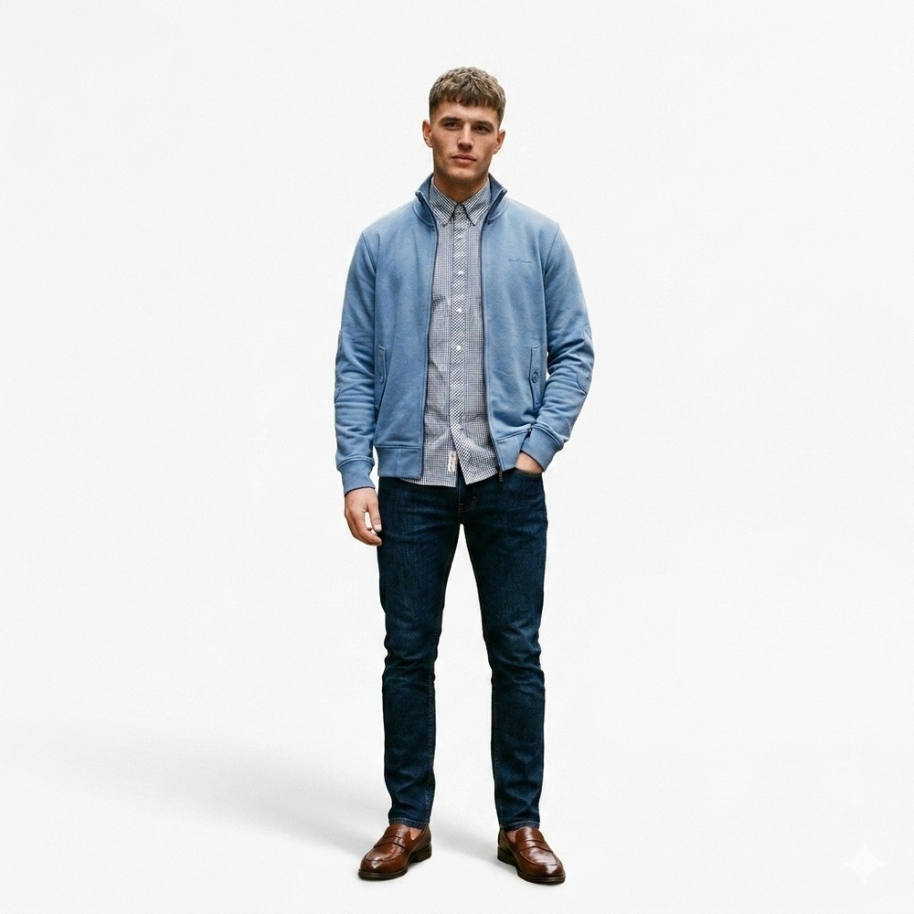 Ben Sherman Riviera Fleece Full Zip Mock Neck Jacket Elbow‎ Patches Blue Small